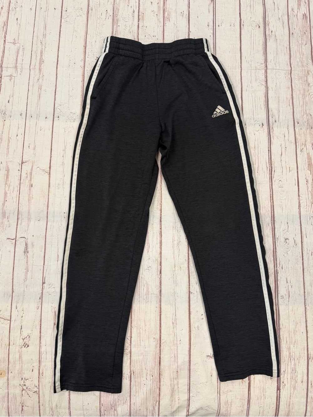 Boys Adidas Track Pants Gray White Stripes Elastic Waist Drawstring Sz L 14 16